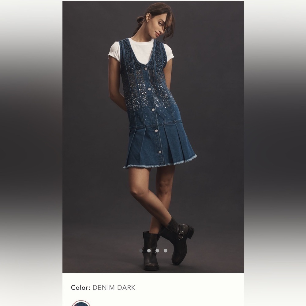 NWT new medium Anthropologie pilcro sparkle sequin denim button front dress blue